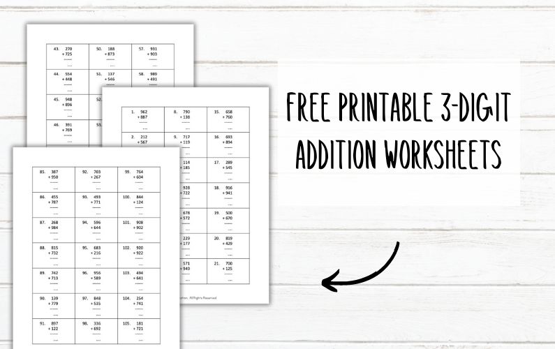 FREE Printable 3-Digit Addition Worksheets
